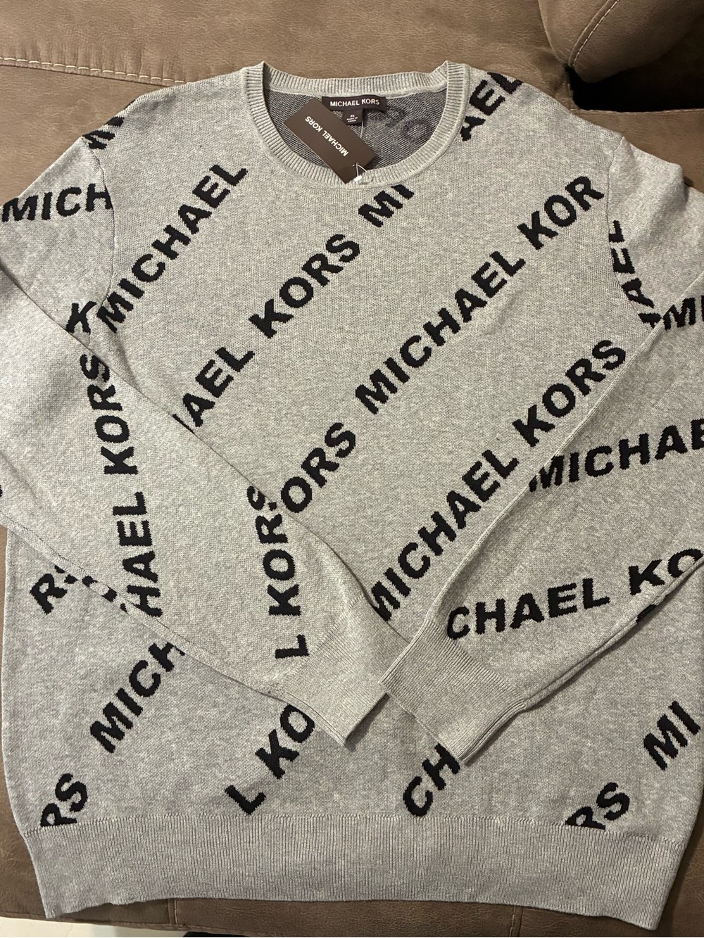 Michael Kors Men's All-Over Logo Crewneck Sweater Heather Grey XL